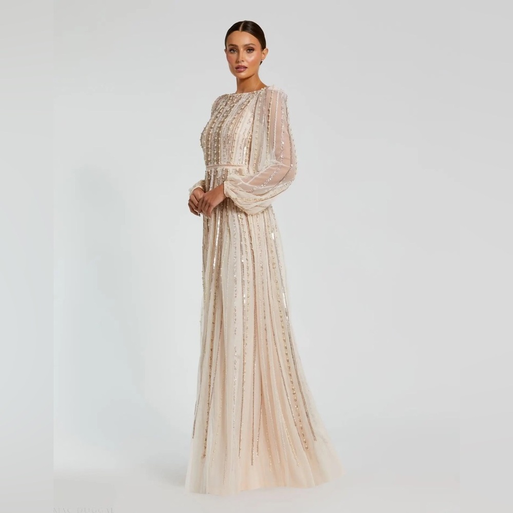 MAC DUGGAL
Pink Boat Neck Long Sleeve Gown With Striped Beading - Picture 3 of 4